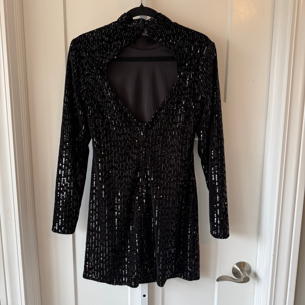 Francescas Blue Rain Size L Black Sequin Mock Neck Open Back Mini Dress